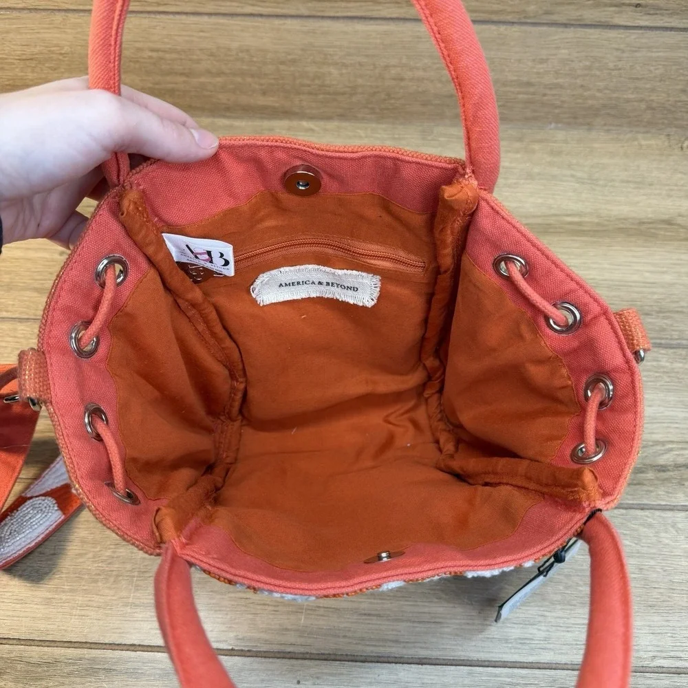 NWT‎ America & Beyond Canvas Beaded Mini Tote Crossbody Orange Gold Boho